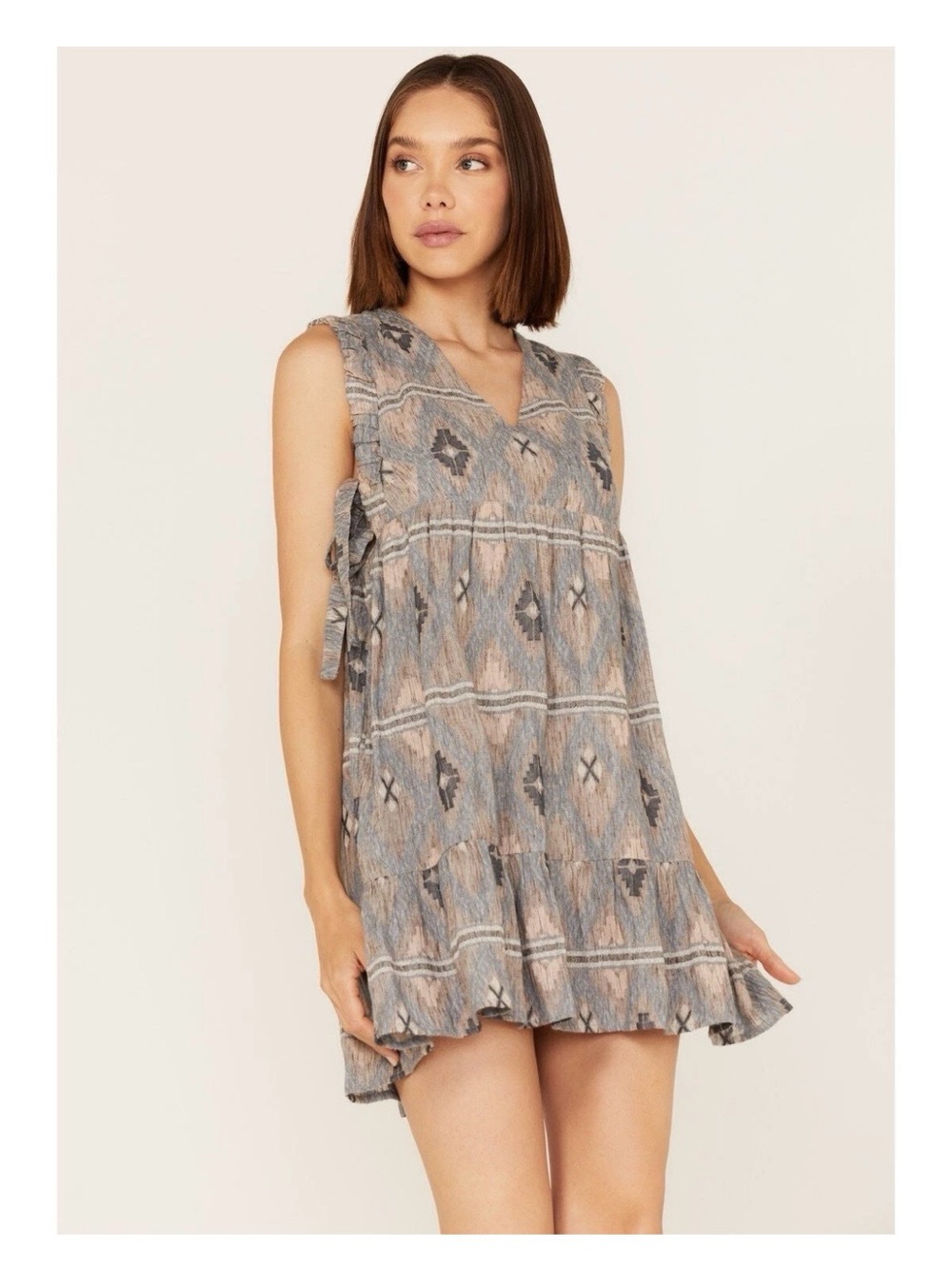 Cleo + Wolf Southwestern Aztec Print Tie Mini Dress Ruffle Hem